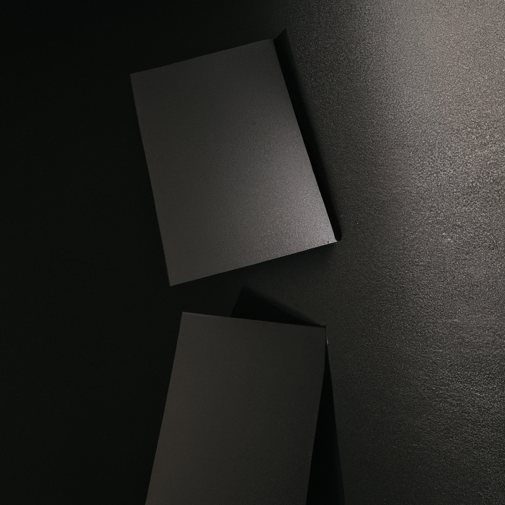 two black vertical business cards against a black wall with a very classy and sophisticated look, ambient spotlight on the cards so they shine out