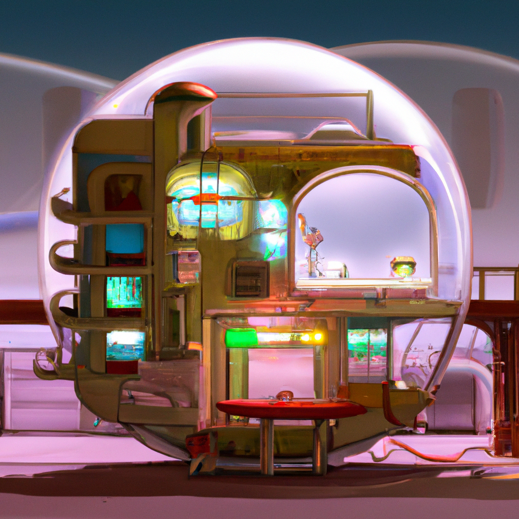 a home built in a huge Soap bubble, windows, doors, porches, awnings, middle of SPACE, cyberpunk lights, Hyper Detail